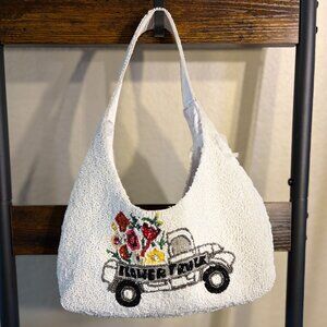 Viral White Flower Shops Truck Made in India Beaded Bag NWT